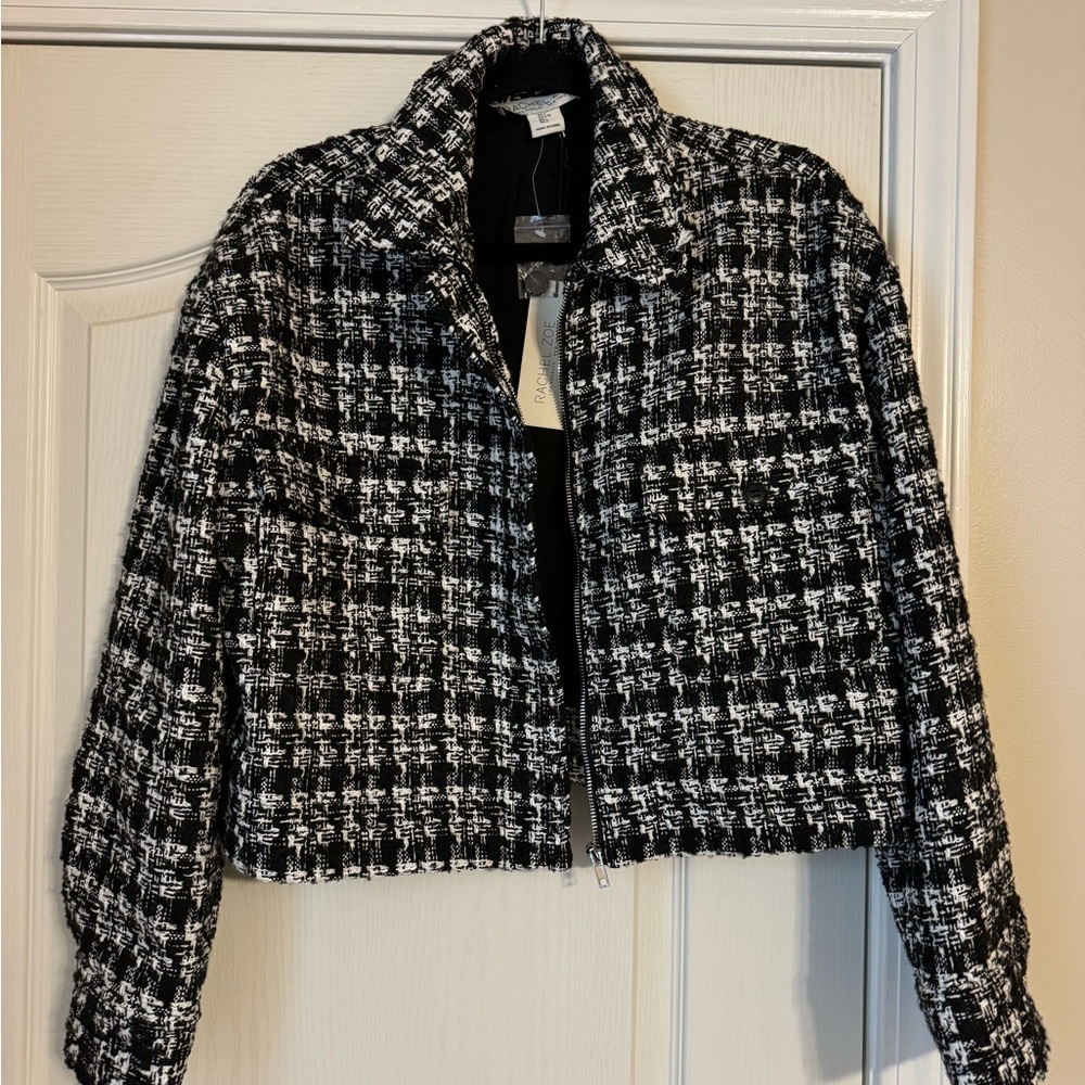 Rachel Zoe cropped tweed jacket Size L, Blaxk & White. NEW